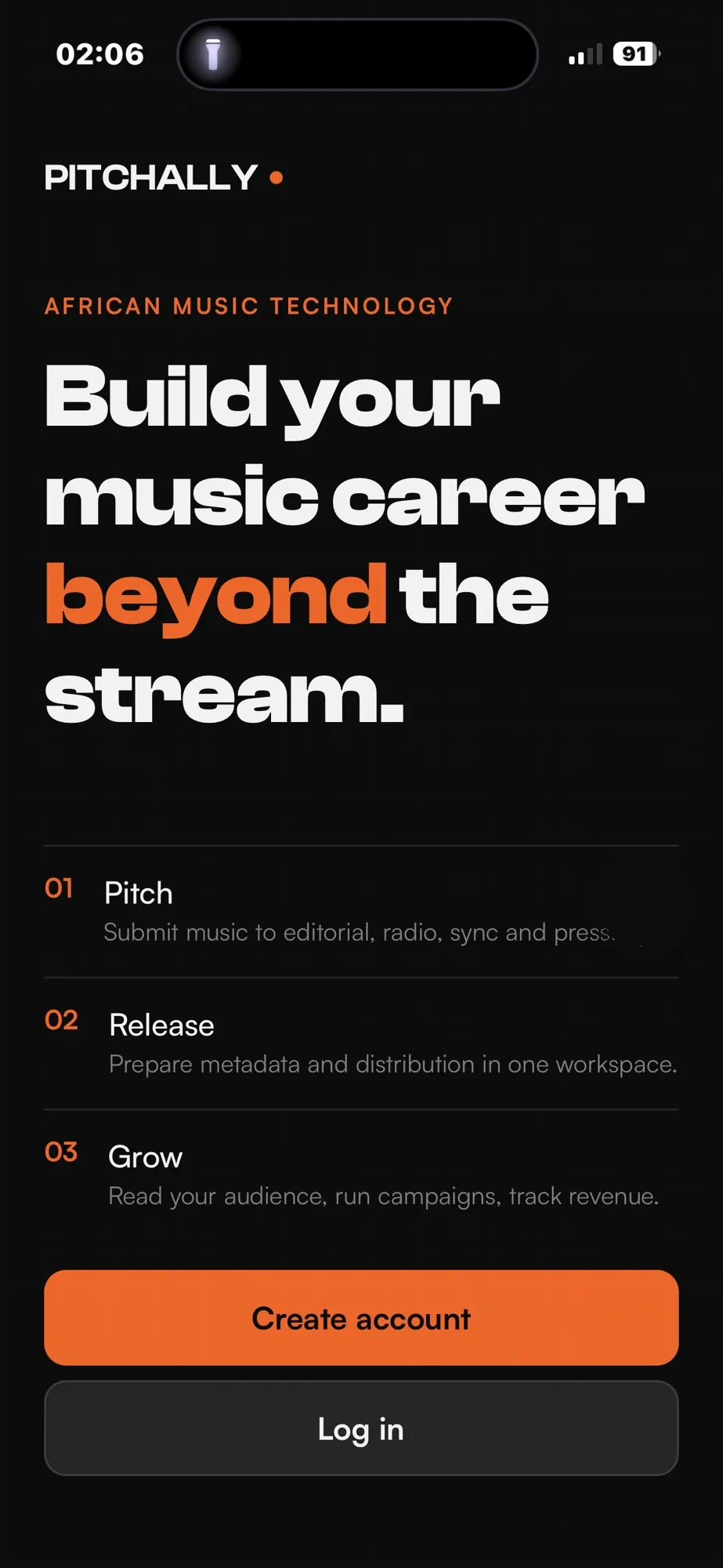 Pitchally app — welcome screen: build your music career beyond the stream